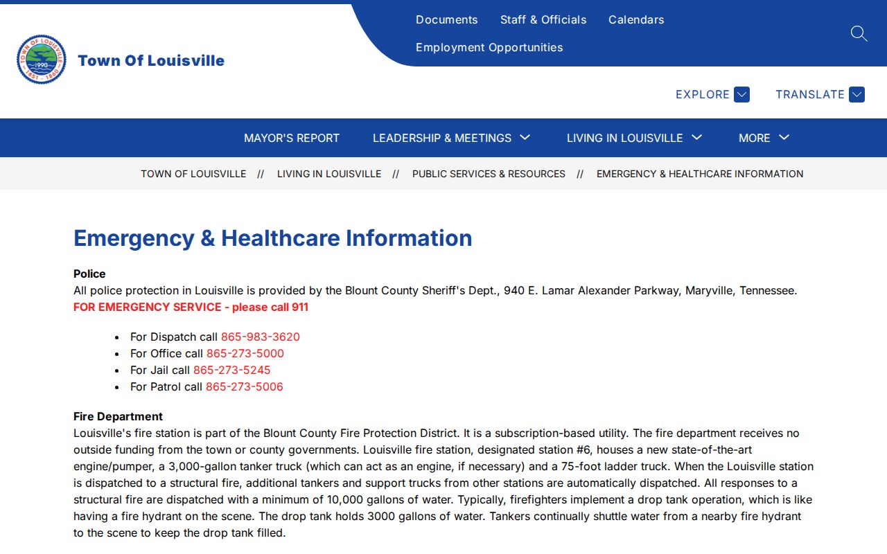 Louisville official page with Blount County Sheriff booking-record contacts